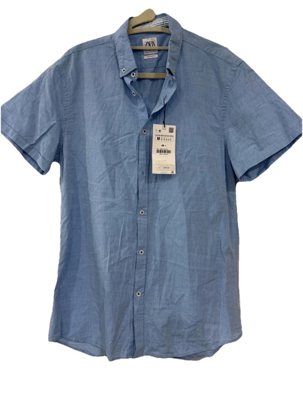 Zara Light Blue Short-Sleeve Linen Blend Shirt - Men Size M NWT